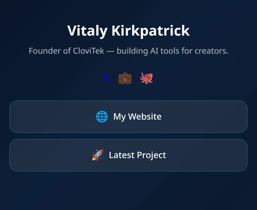 A real published CloviBioLink page with profile, social icons and link buttons