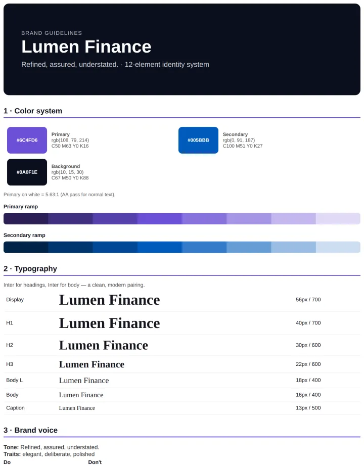 Brand guidelines board for the fictional Lumen Finance, generated by CloviBrand