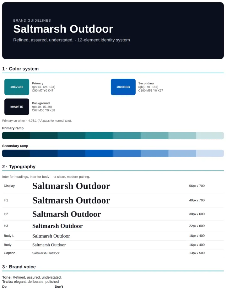 Brand guidelines board for the fictional Saltmarsh Outdoor, generated by CloviBrand