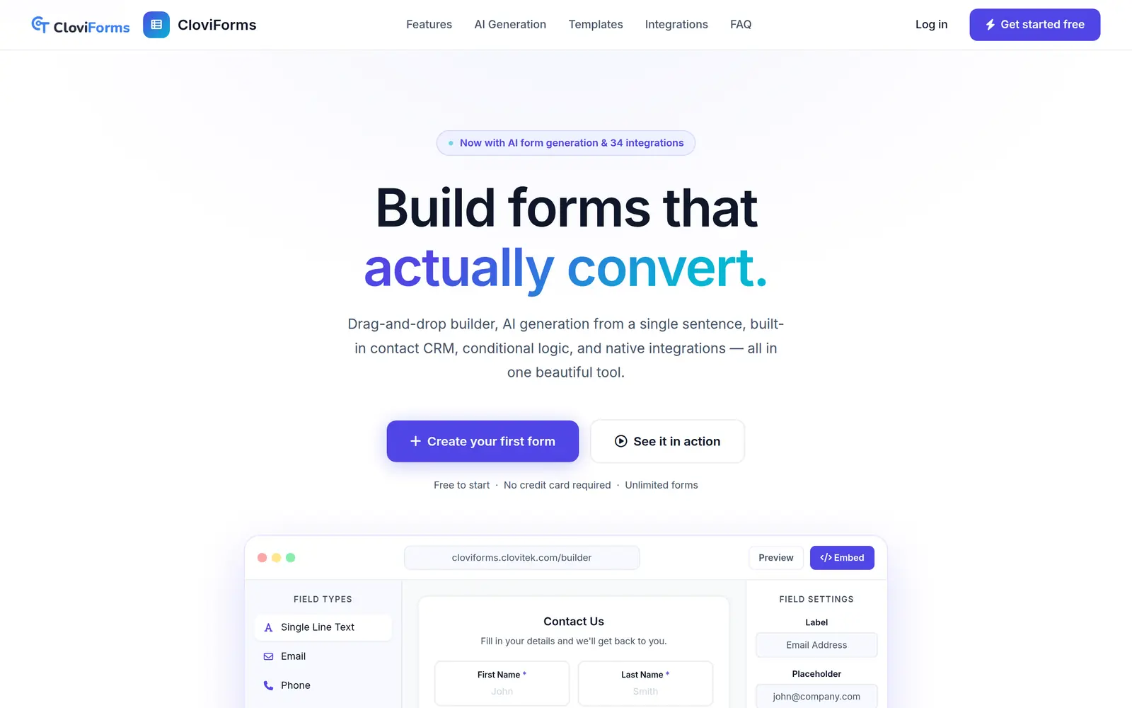 CloviForms drag-and-drop form builder with a field-types palette, a live contact form canvas and a field settings panel