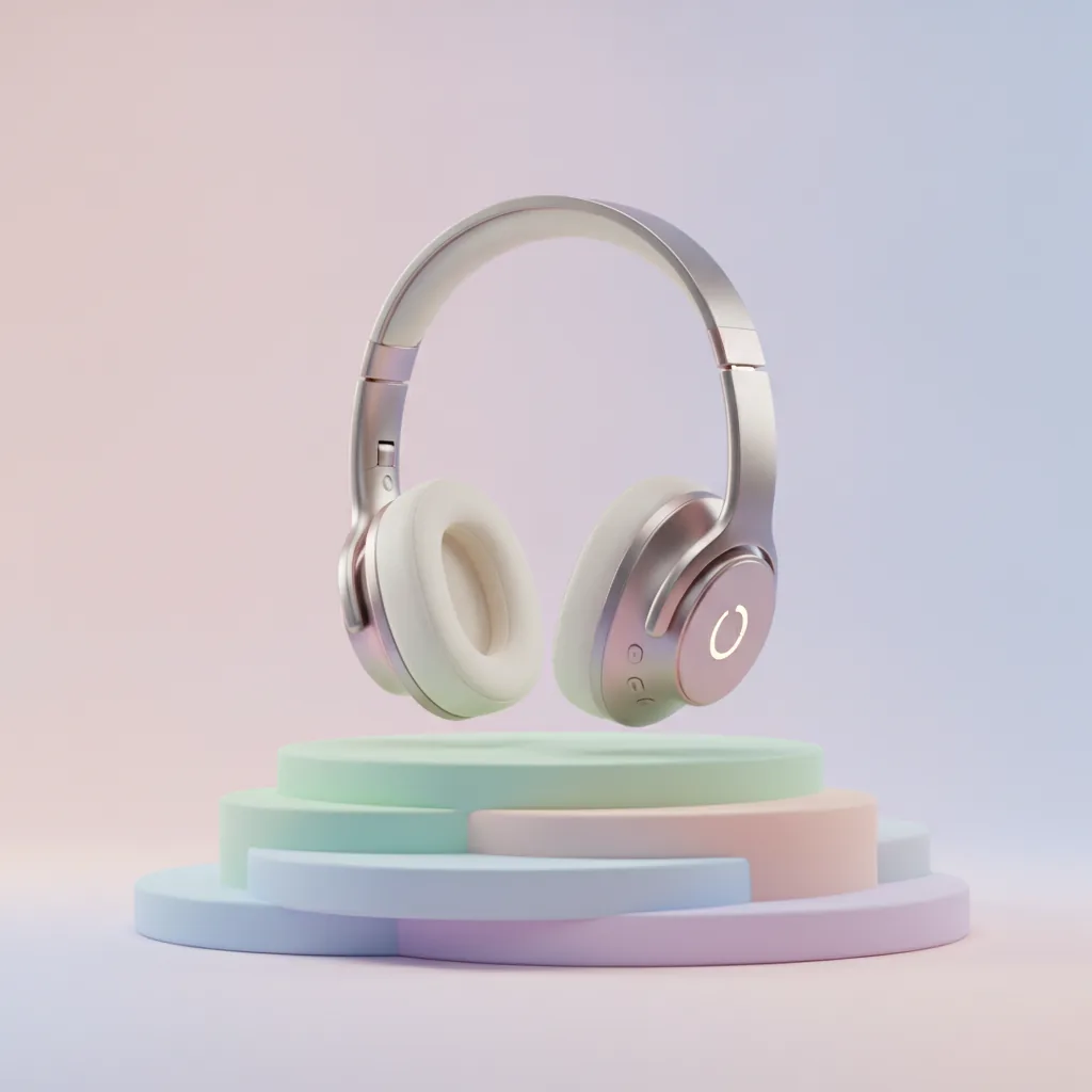 Wireless headphones on a pastel podium — a 3d render image generated with CloviImage