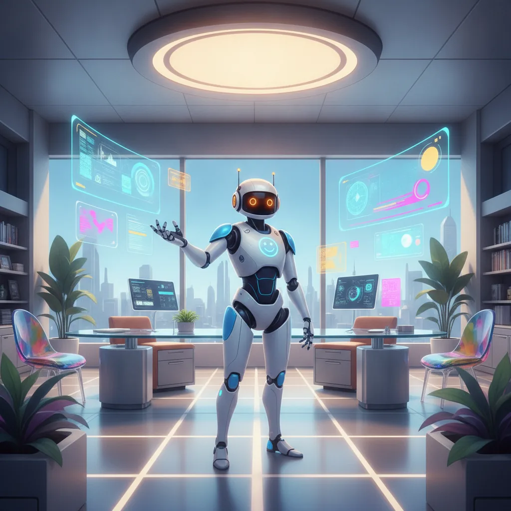 Friendly assistant robot in a workspace — a digital art image generated with CloviImage