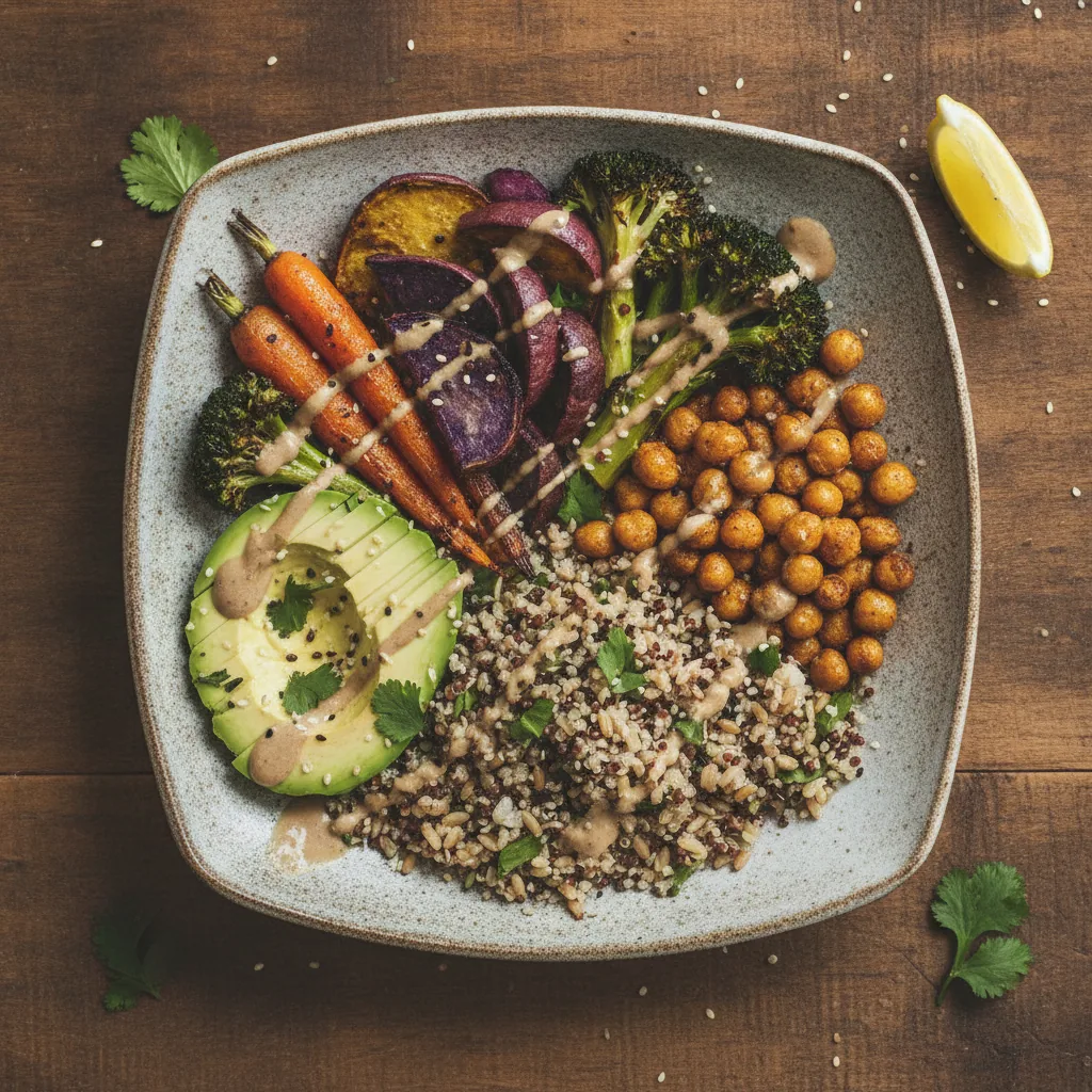 Overhead Buddha bowl flat lay — a photorealistic image generated with CloviImage