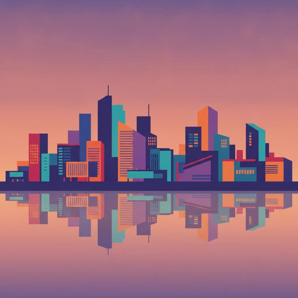 Flat-vector city skyline at sunset — a illustration image generated with CloviImage