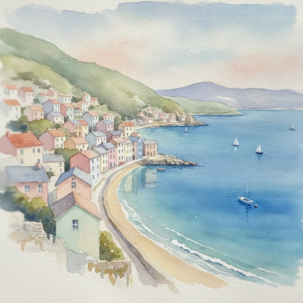 Coastal village overlooking a bay — a watercolor image generated with CloviImage