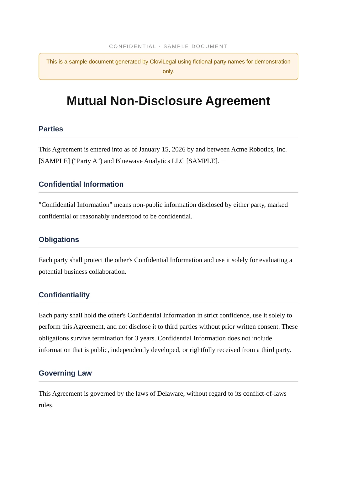 First page of a sample mutual NDA generated by CloviLegal with fictional party names