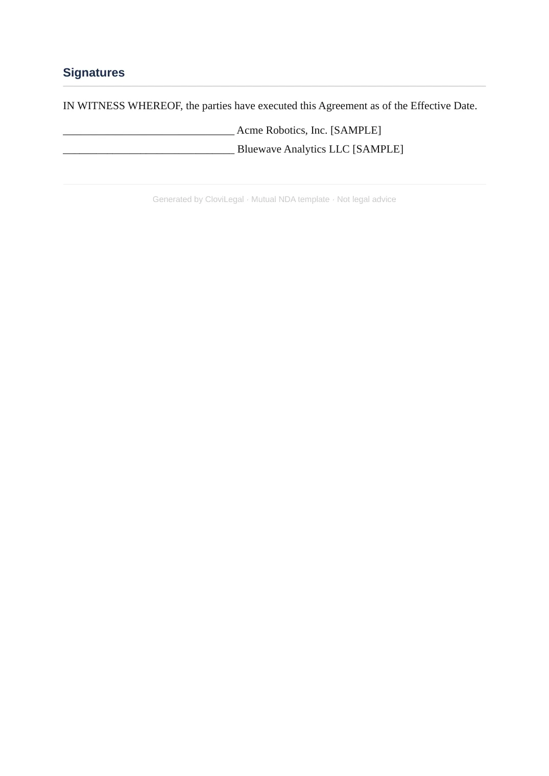 Signature page of a sample mutual NDA generated by CloviLegal