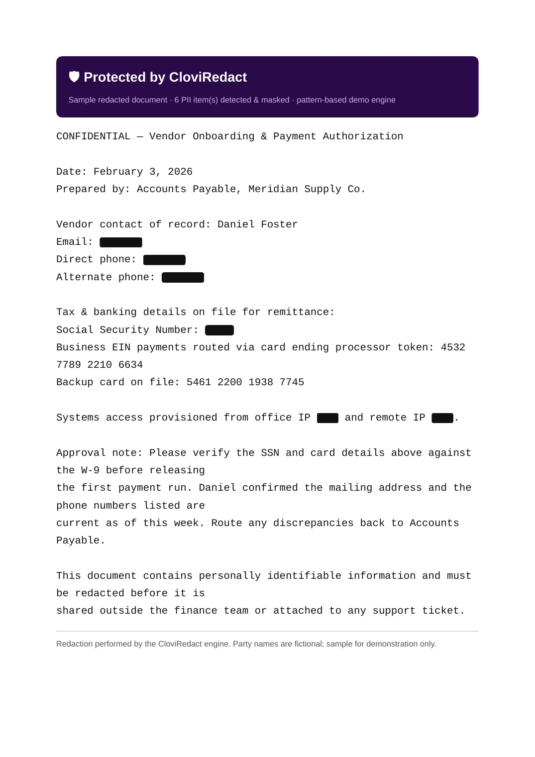 Sample document with email, phone, SSN and IP addresses visibly redacted by CloviRedact