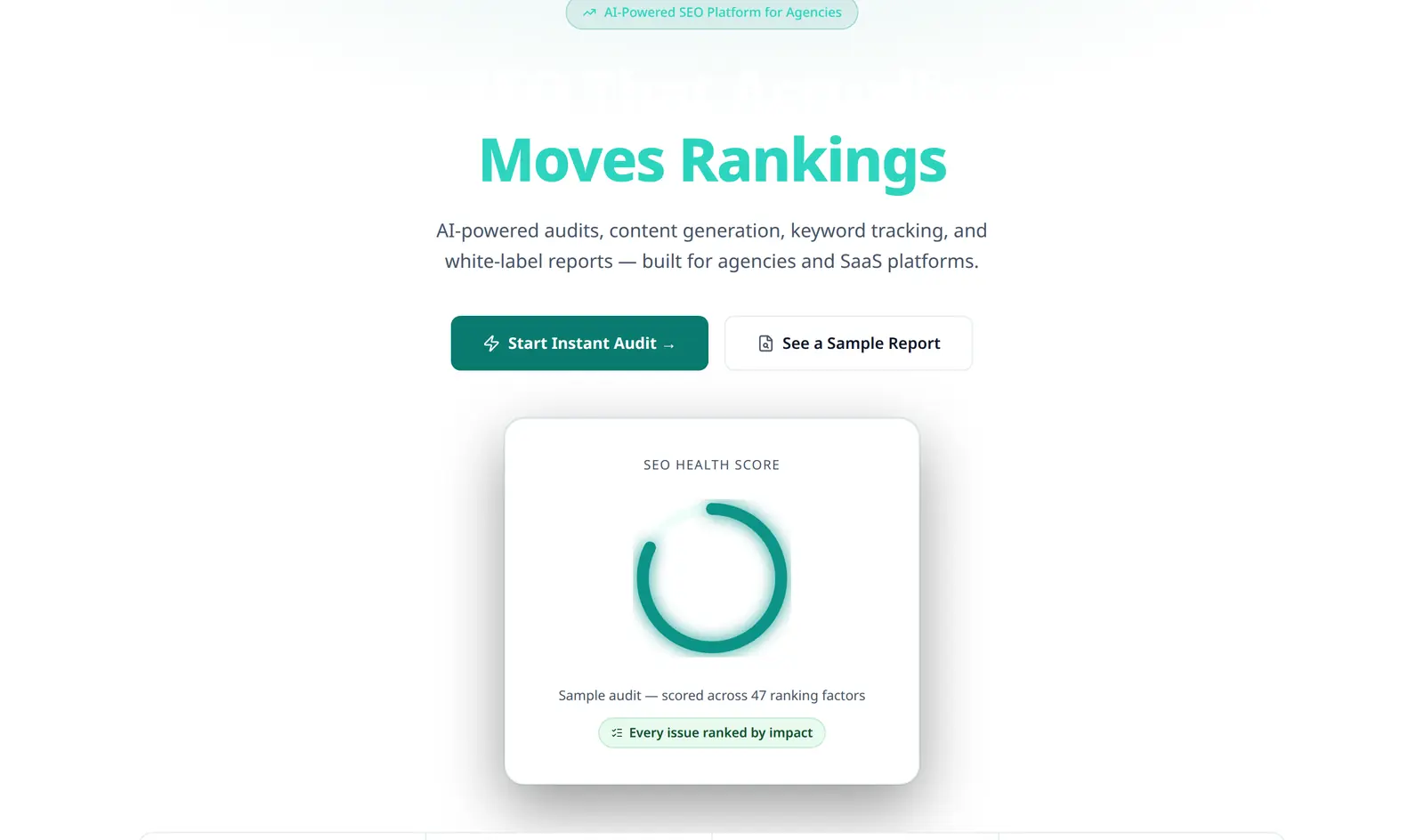 CloviSEO health-score card scoring a site across 47 ranking factors