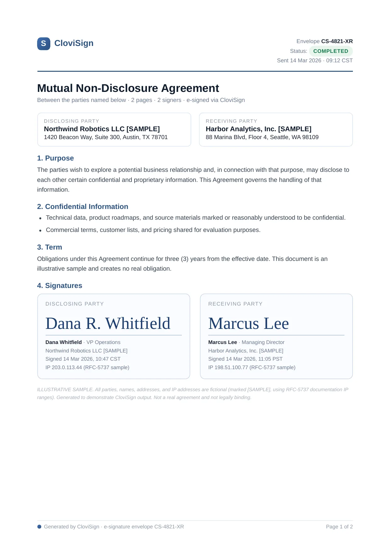 Completed mutual NDA e-signed via CloviSign showing two signature blocks for fictional sample parties Northwind Robotics and Harbor Analytics