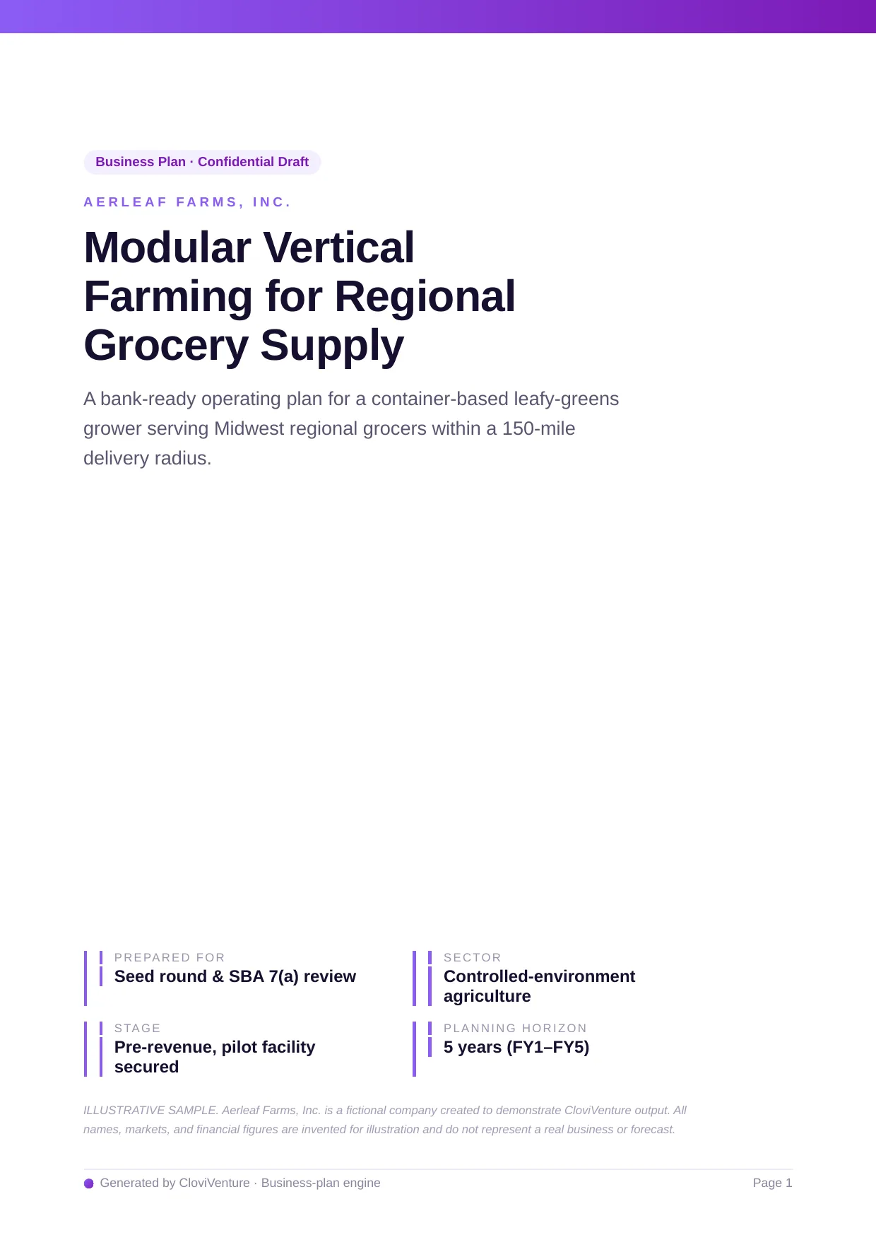 Cover page of a sample business plan generated by CloviVenture for the fictional startup Aerleaf Farms, marked as an illustrative sample