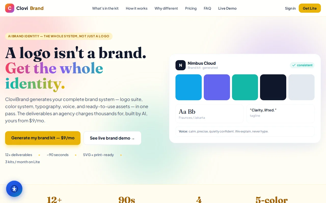 CloviBrand generating a complete, consistent brand identity — a platform CloviTek built and runs