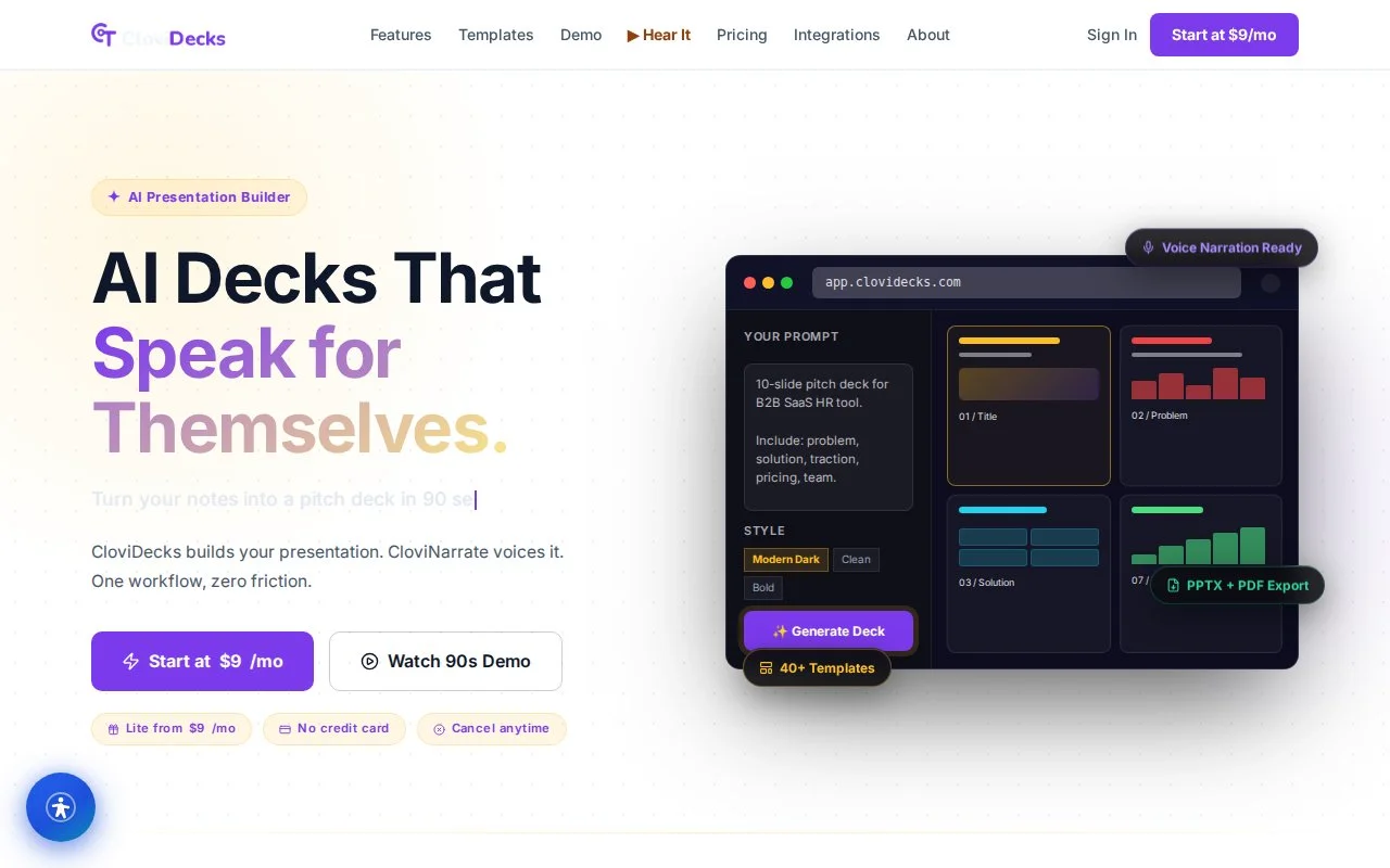 CloviDecks turning a topic outline into a fully designed, finished presentation — a platform CloviTek built and runs