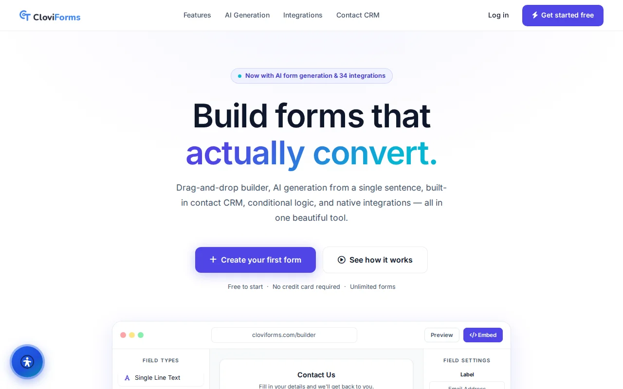 CloviForms turning a described form into a live, embeddable working form — a platform CloviTek built and runs