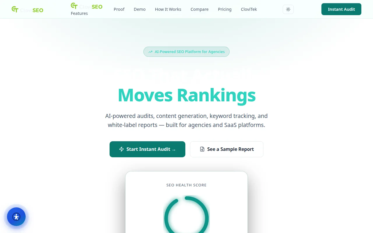 CloviSEO turning a web page into an audit and a prioritized content plan that ranks — a platform CloviTek built and runs
