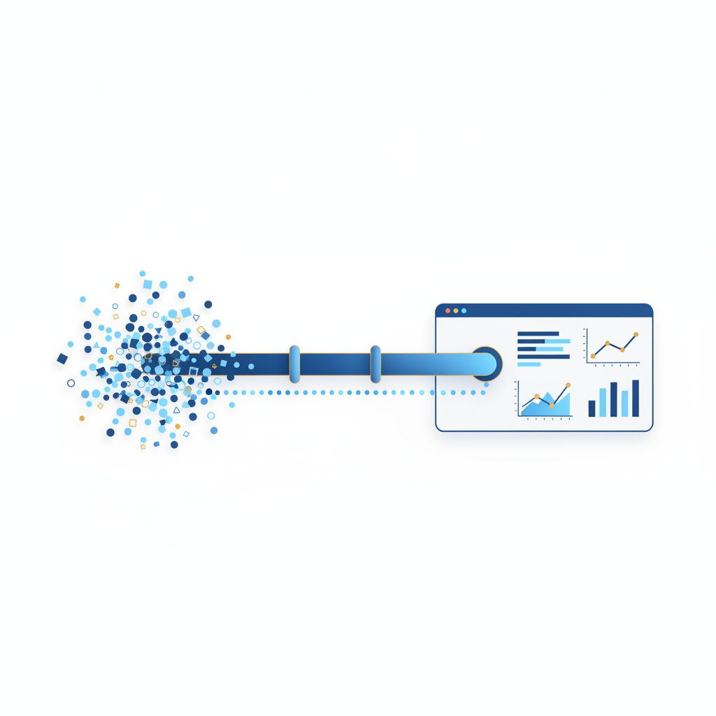 Scattered, inconsistent data from many sources converging through a clean pipeline into a single trustworthy dashboard