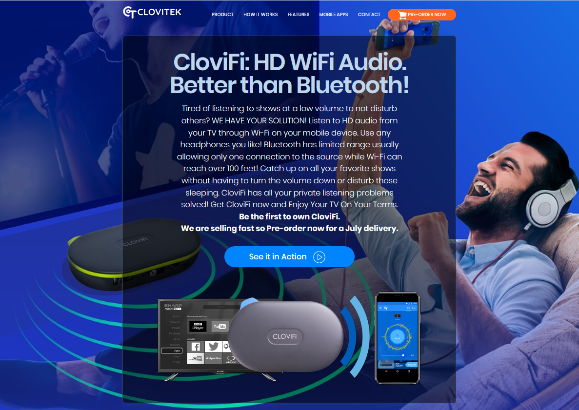 The clovitek.com homepage in 2022: 'HD WiFi Audio. Better than Bluetooth' with the CloviFi device and app.
